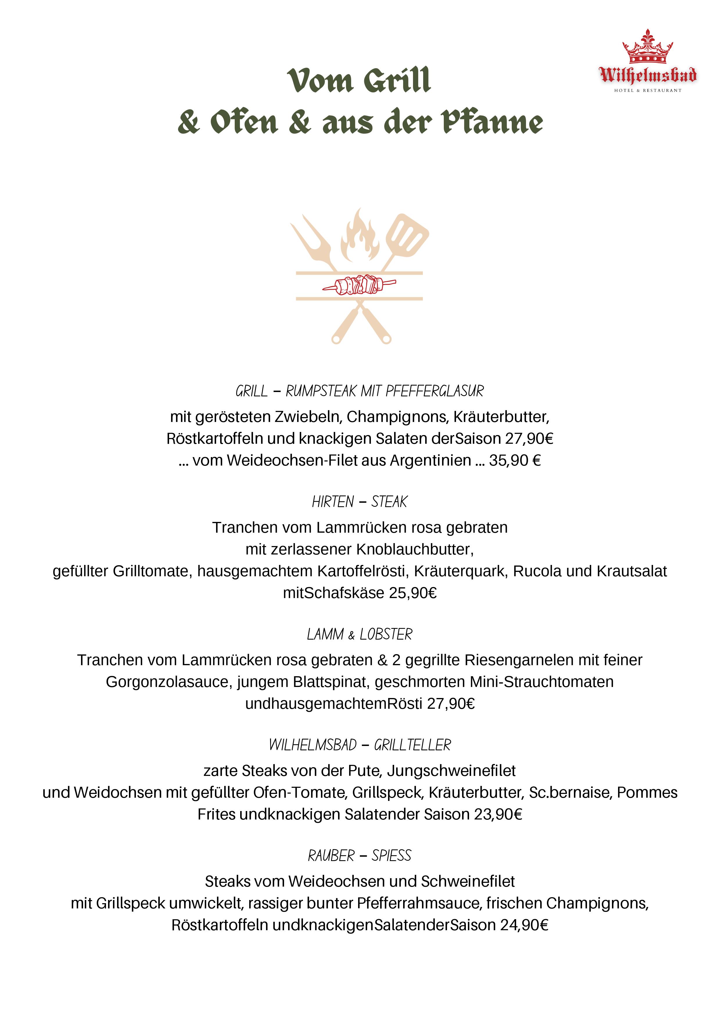 Speisekarte Hotel Wilhelmsbad